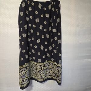Chaus Woman 16 Black Gold Blue Paisley Faux Wrap Midi Skirt Lined Career Dressy